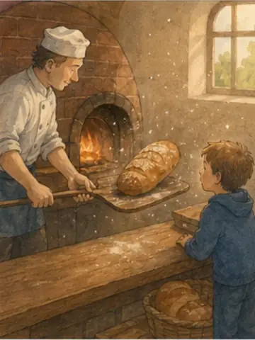 Een kind maakt deeg samen met de bakker