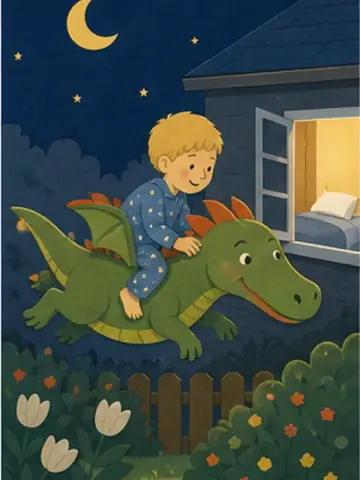 Een kind en een vriendelijke draak boven de daken