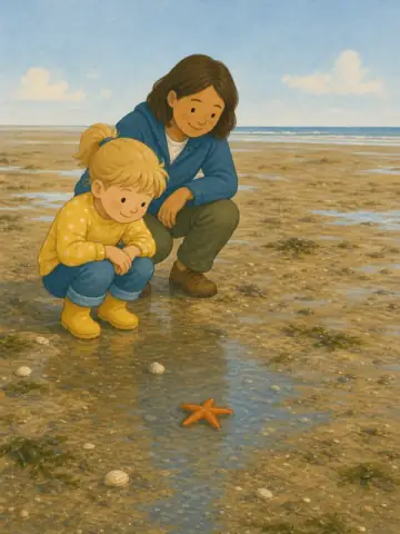 Een kind ontdekt een zeester op het strand