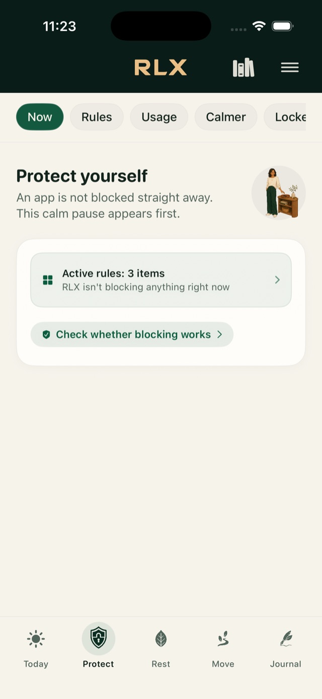 RLX Protect page with rule status and a setup check