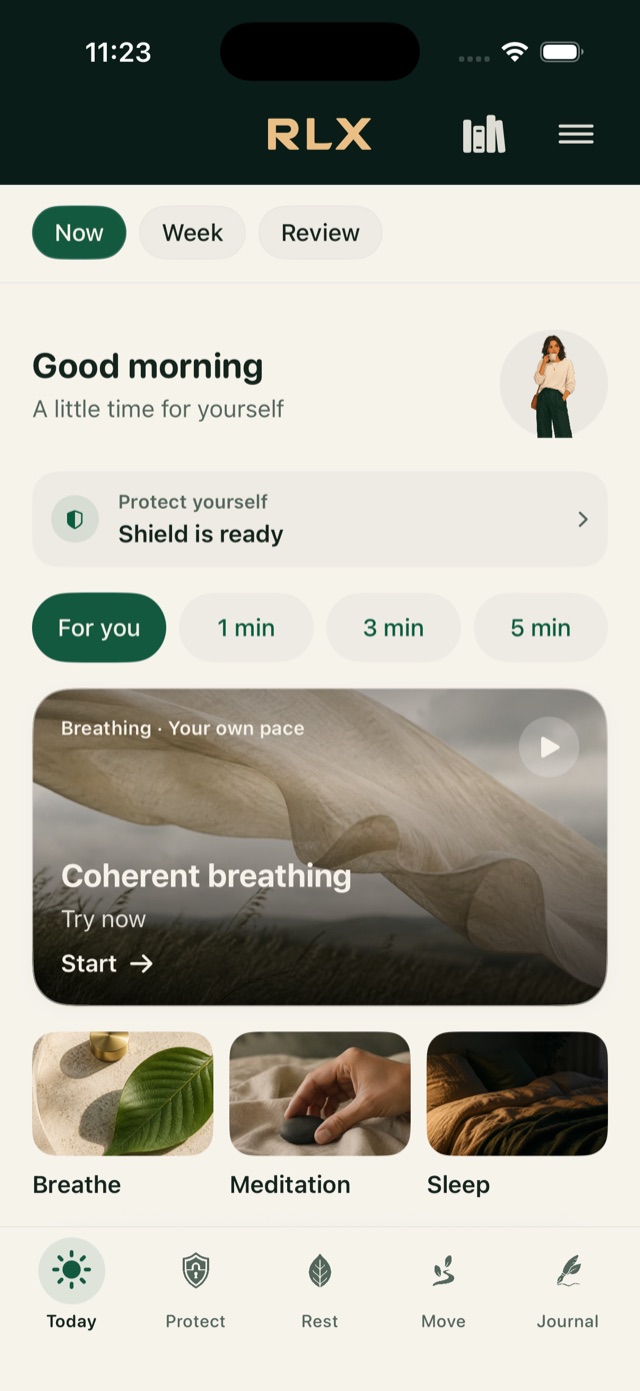 RLX Today page with breathing, meditation and sleep